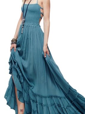 Smocked Bodice Teal Maxi Dress with Side Cutouts